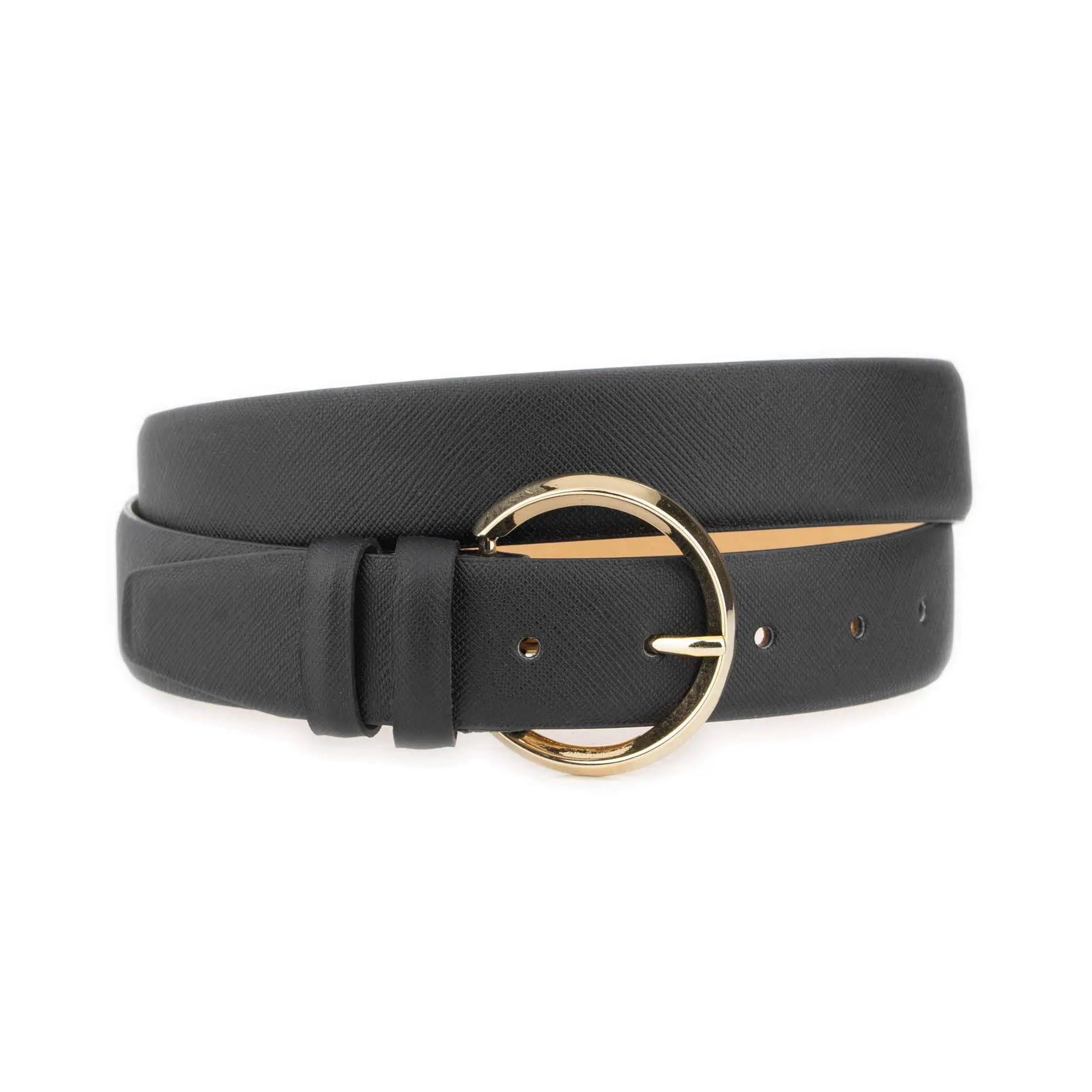 Black Saffiano Belt For Women – Round Gold Buckle 3.5 cm