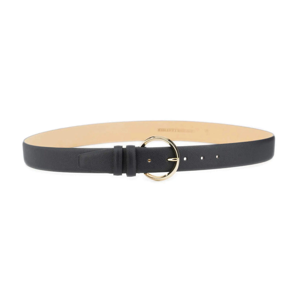Black Saffiano Belt For Women – Round Gold Buckle 3.5 cm