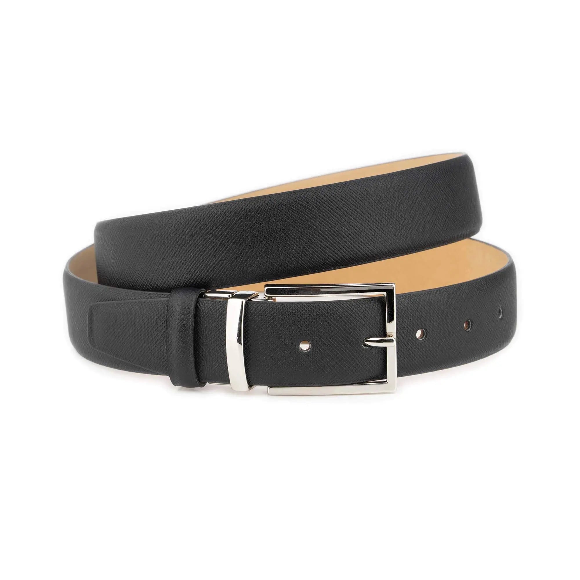 Mens Dressing Belt Shiny Silver Buckle – Black Saffiano Leather