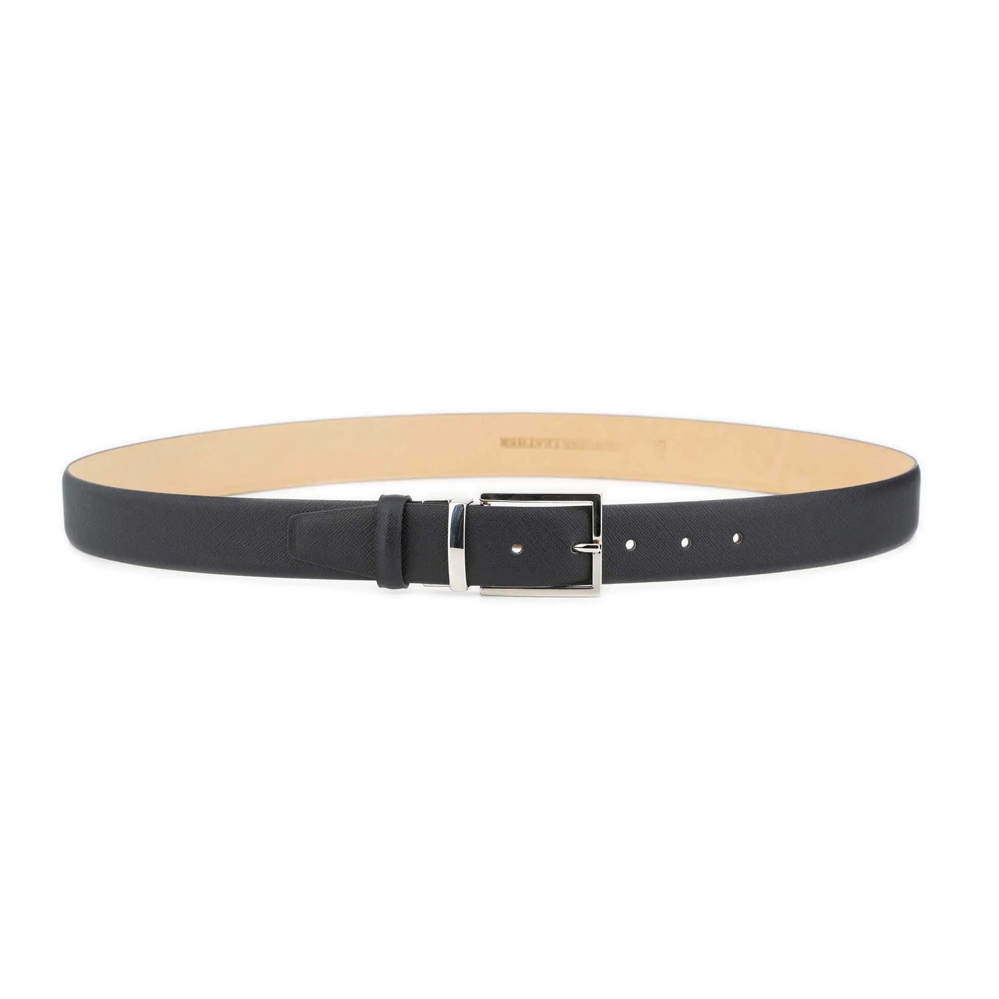 Mens Dressing Belt Shiny Silver Buckle – Black Saffiano Leather