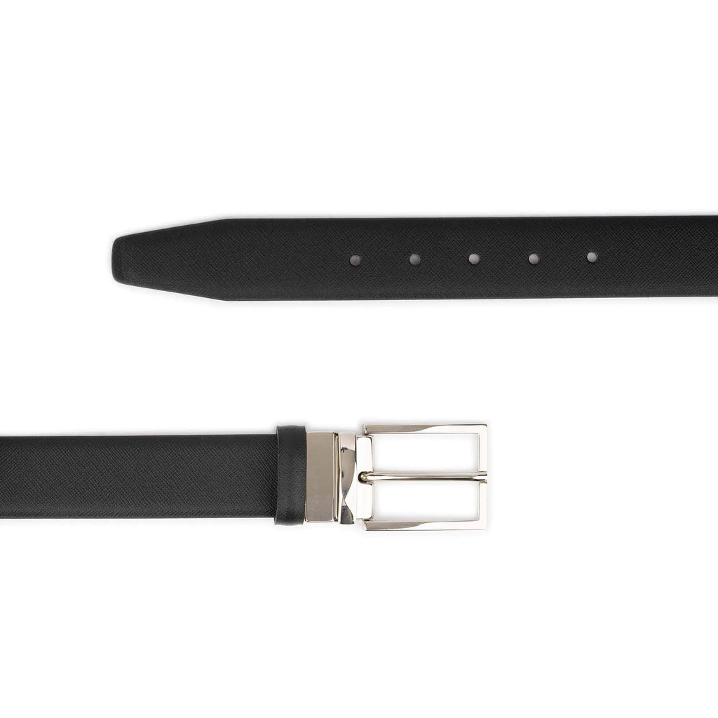 Mens Dressing Belt Shiny Silver Buckle – Black Saffiano Leather