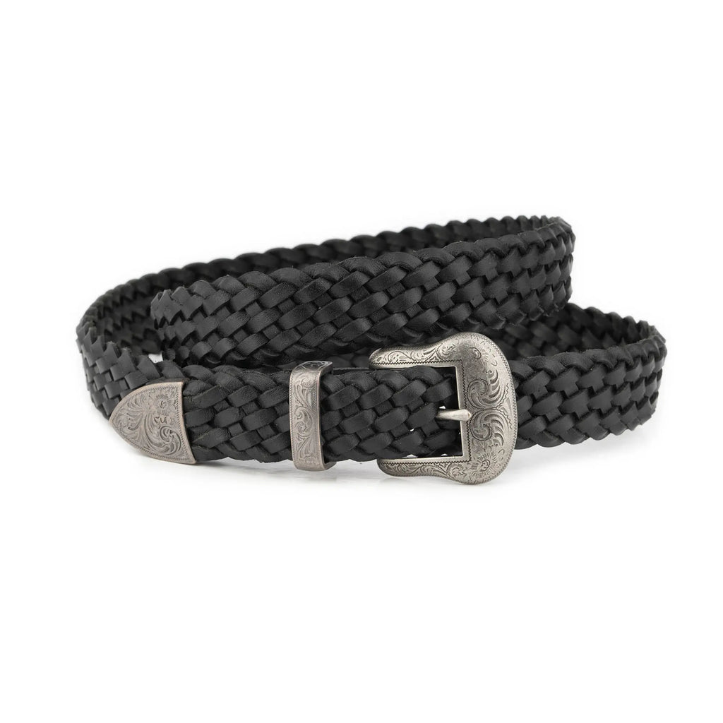 Western Woven Belt Black Leather With Silver Buckle