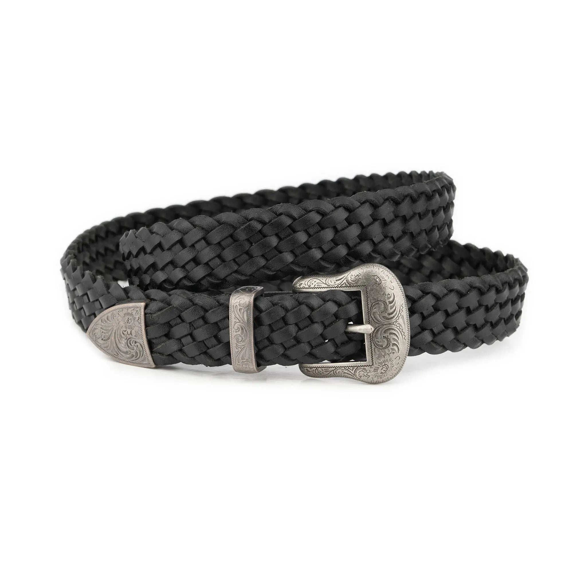 Western Woven Belt Black Leather With Silver Buckle