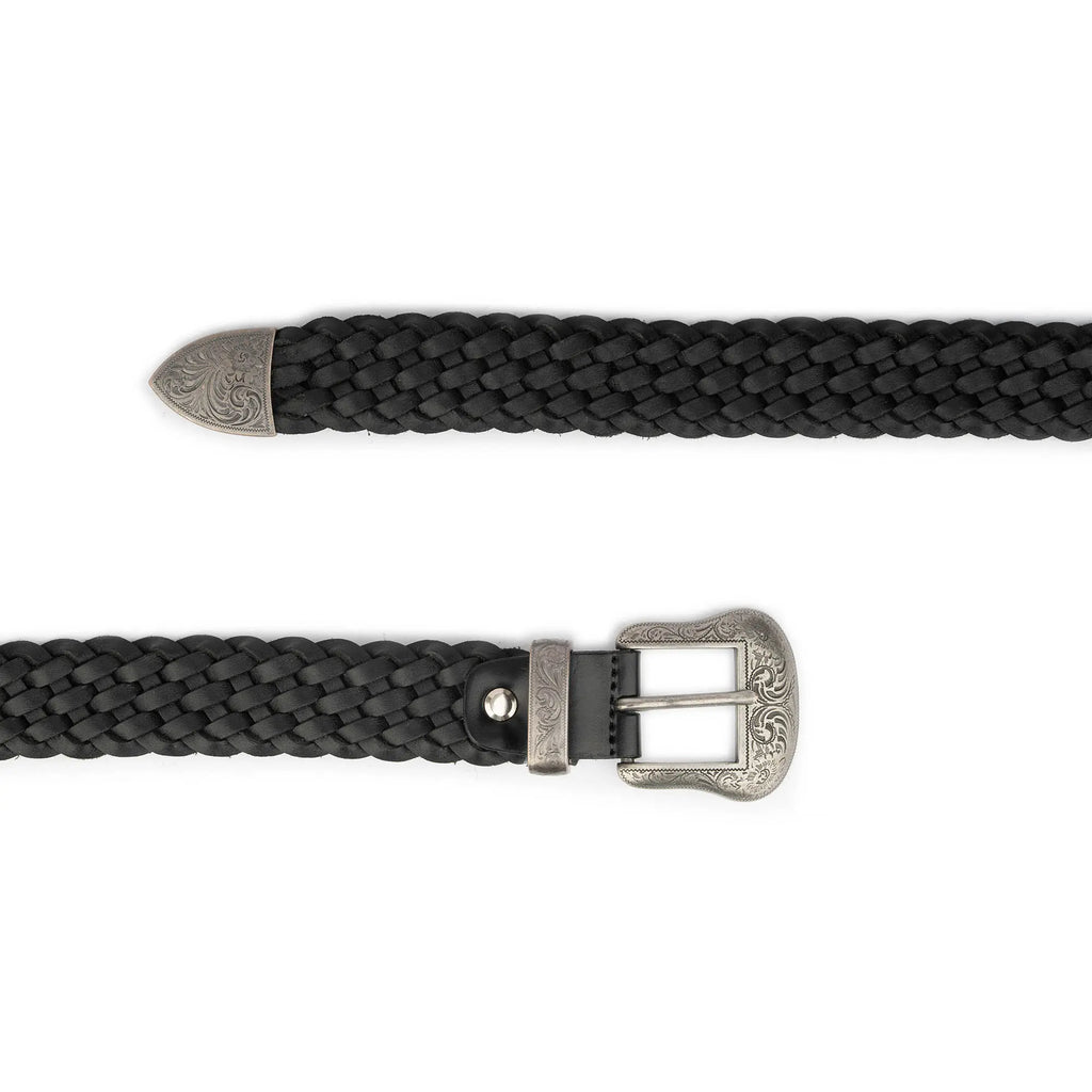 Western Woven Belt Black Leather With Silver Buckle