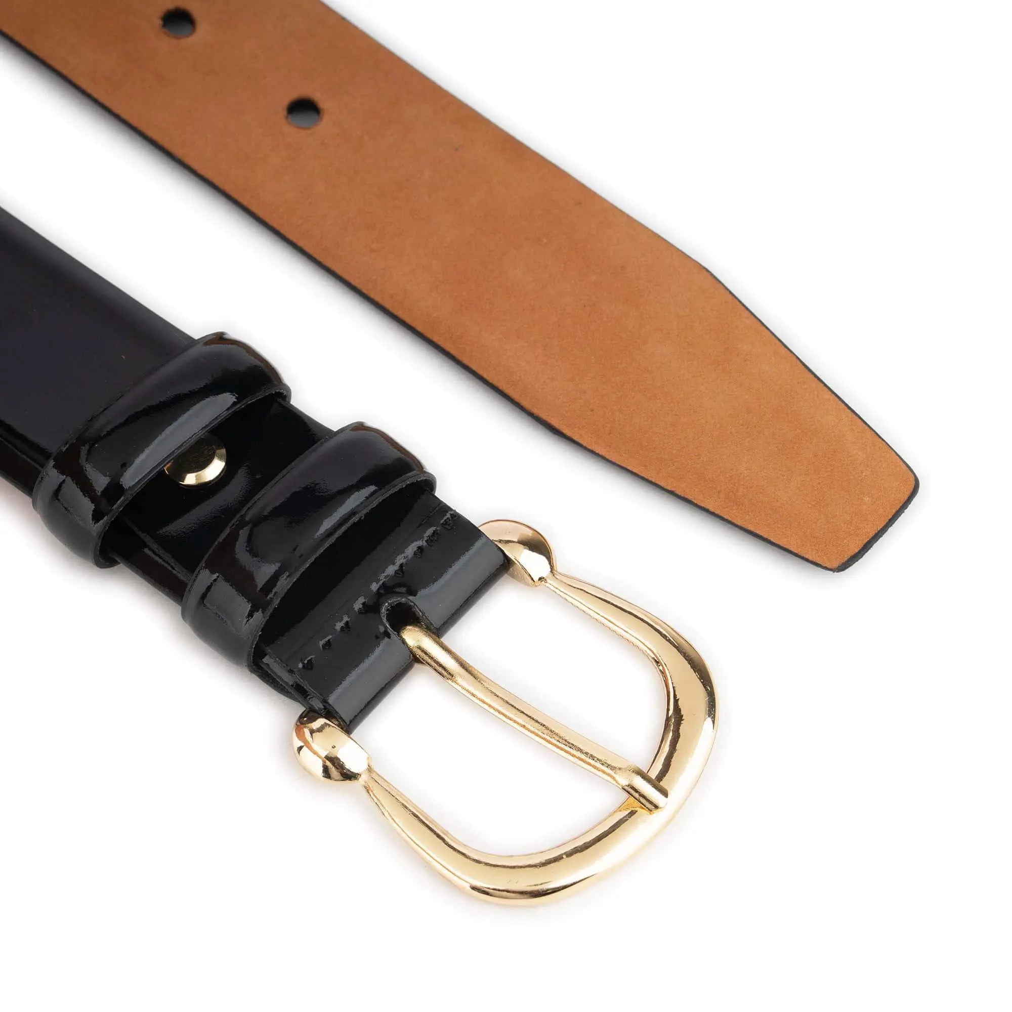 Black Women’s Patent Leather Belt With Gold Horseshoe Buckle