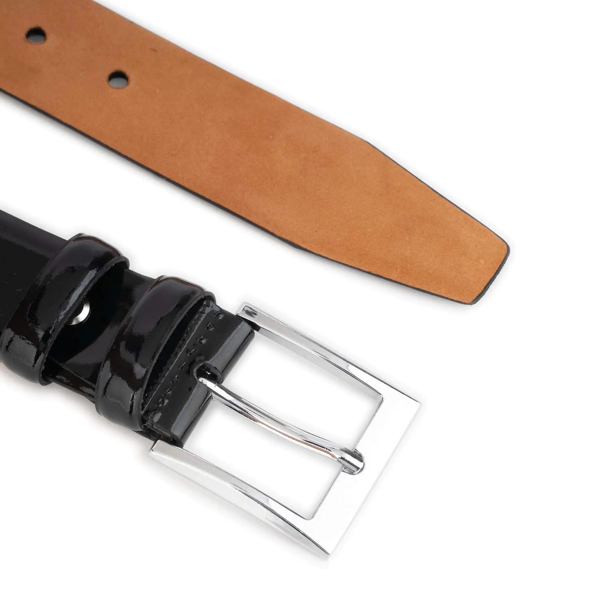 Men’s Black Patent Leather Belt With Shiny Silver Buckle