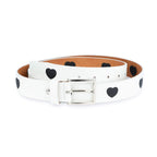 White Leather Belt With Black Hearts