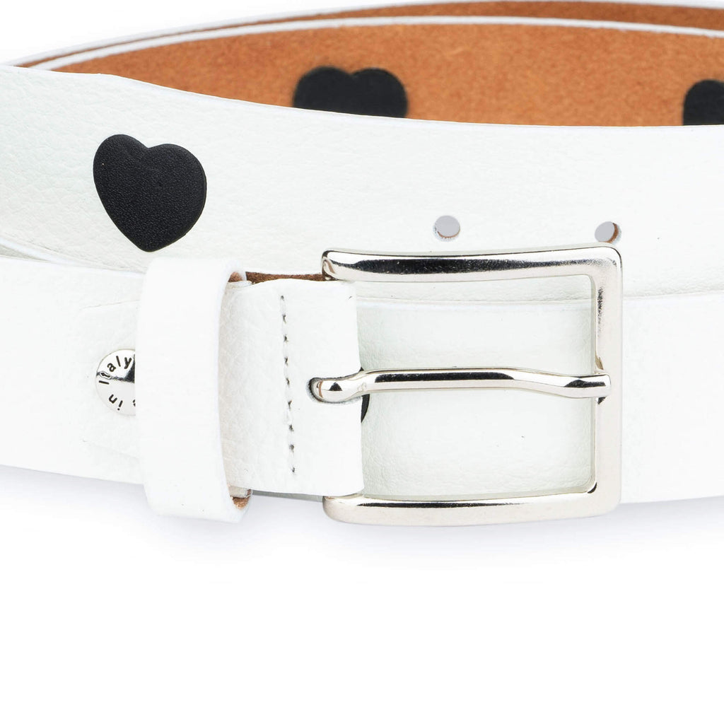 White Leather Belt With Black Hearts