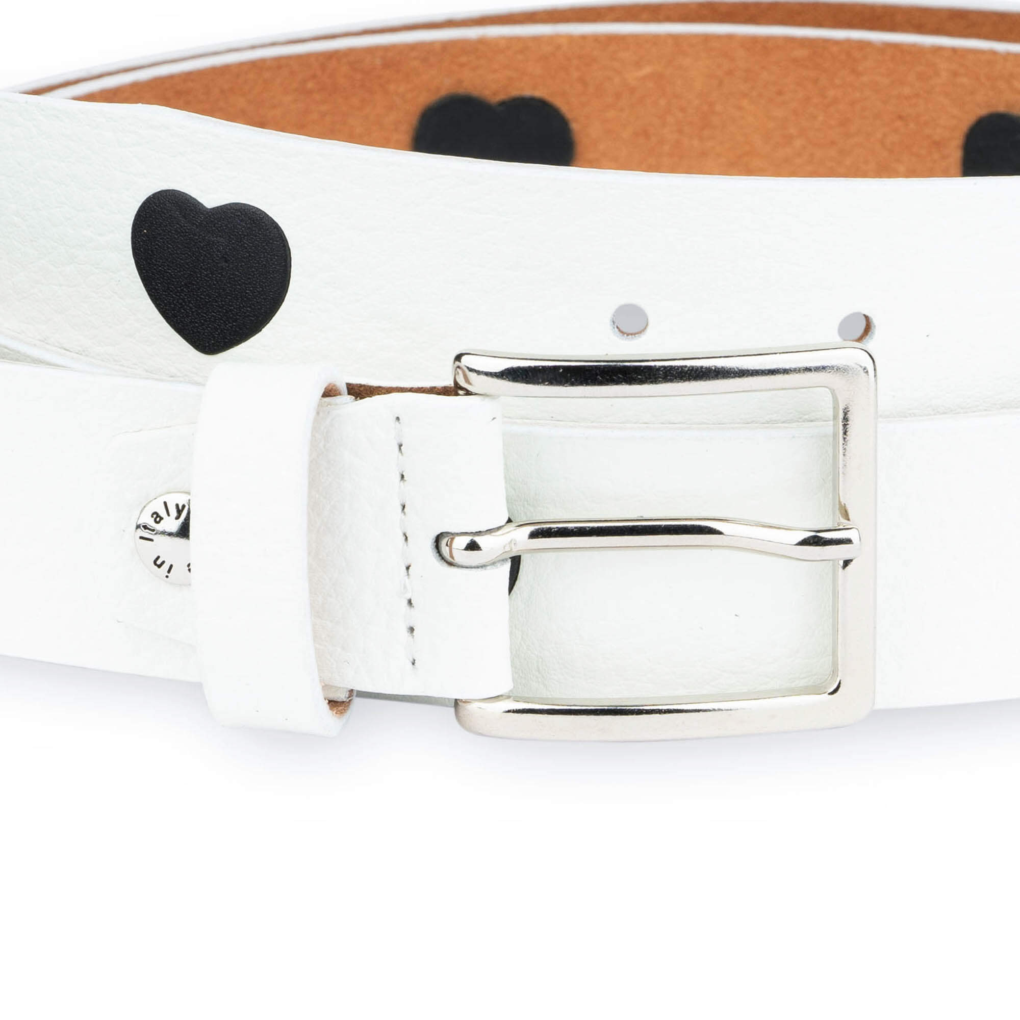 White Leather Belt With Black Hearts
