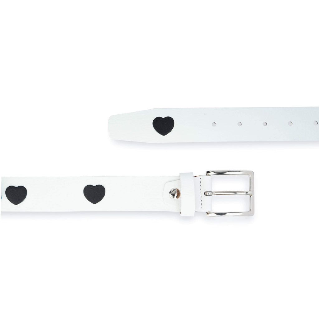 White Leather Belt With Black Hearts