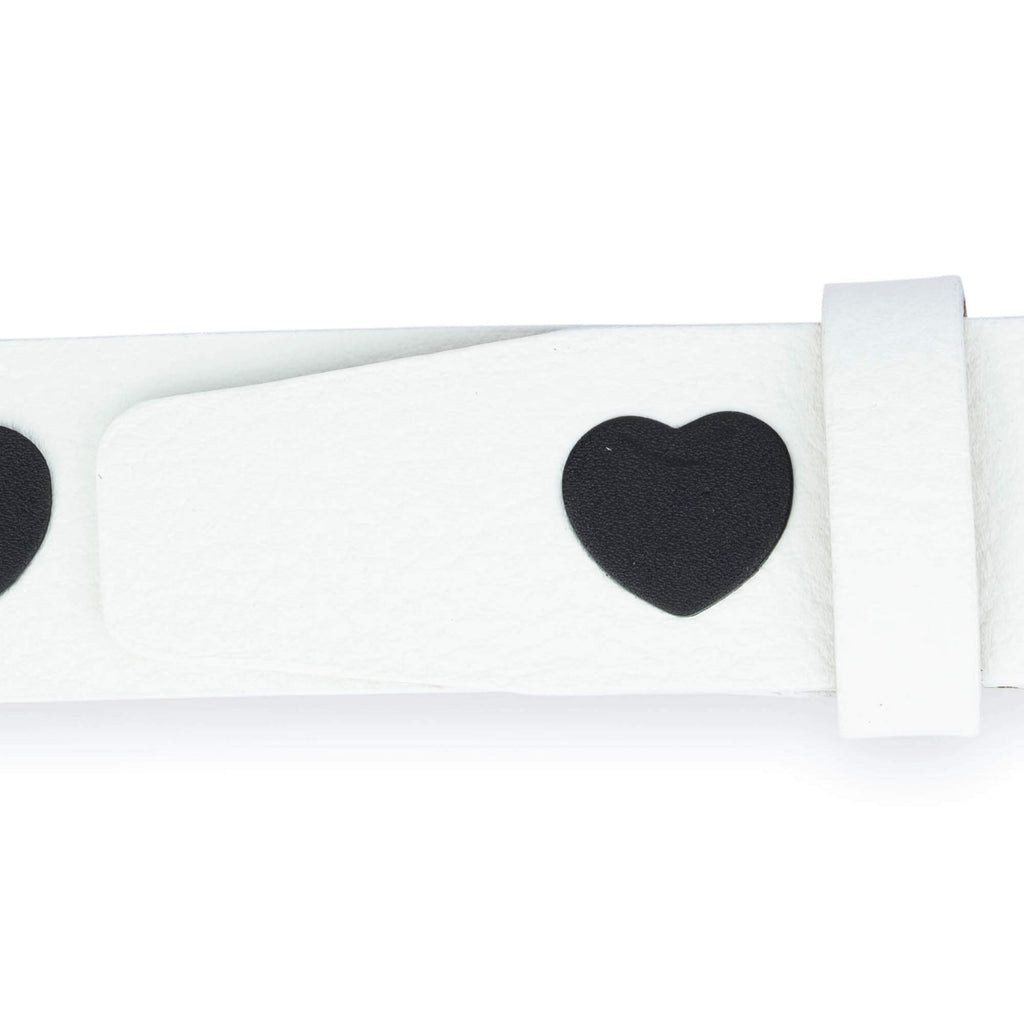 White Leather Belt With Black Hearts