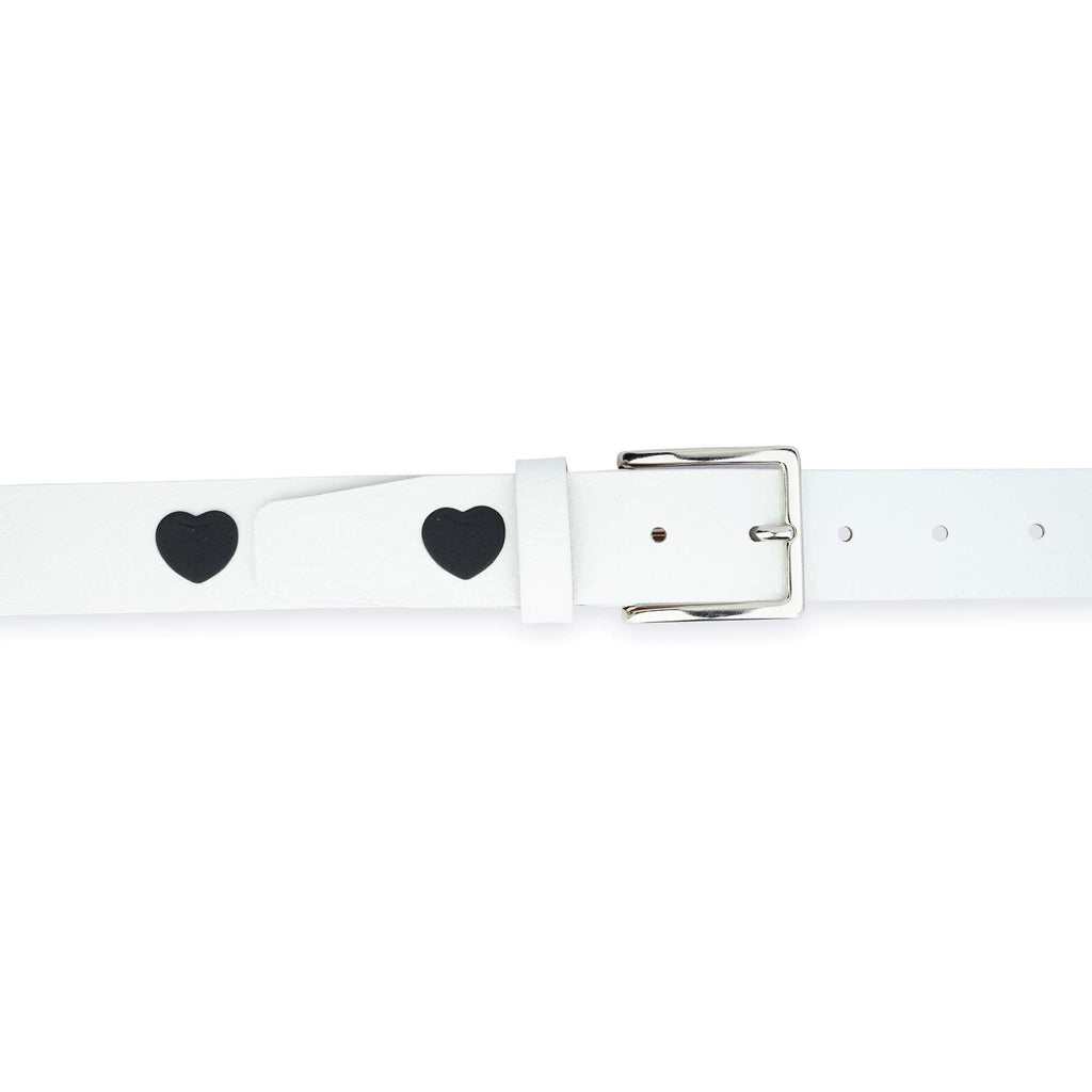 White Leather Belt With Black Hearts