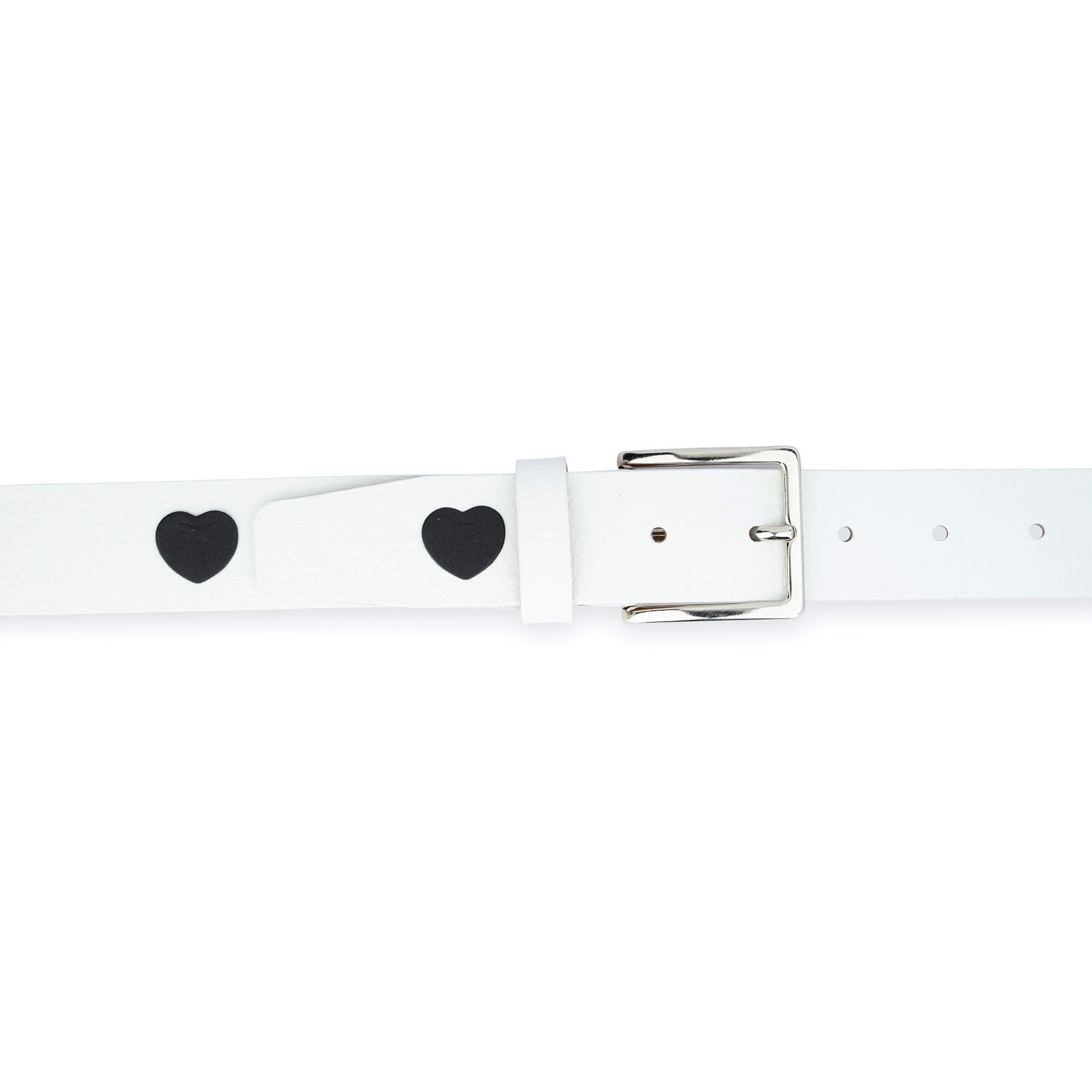 White Leather Belt With Black Hearts