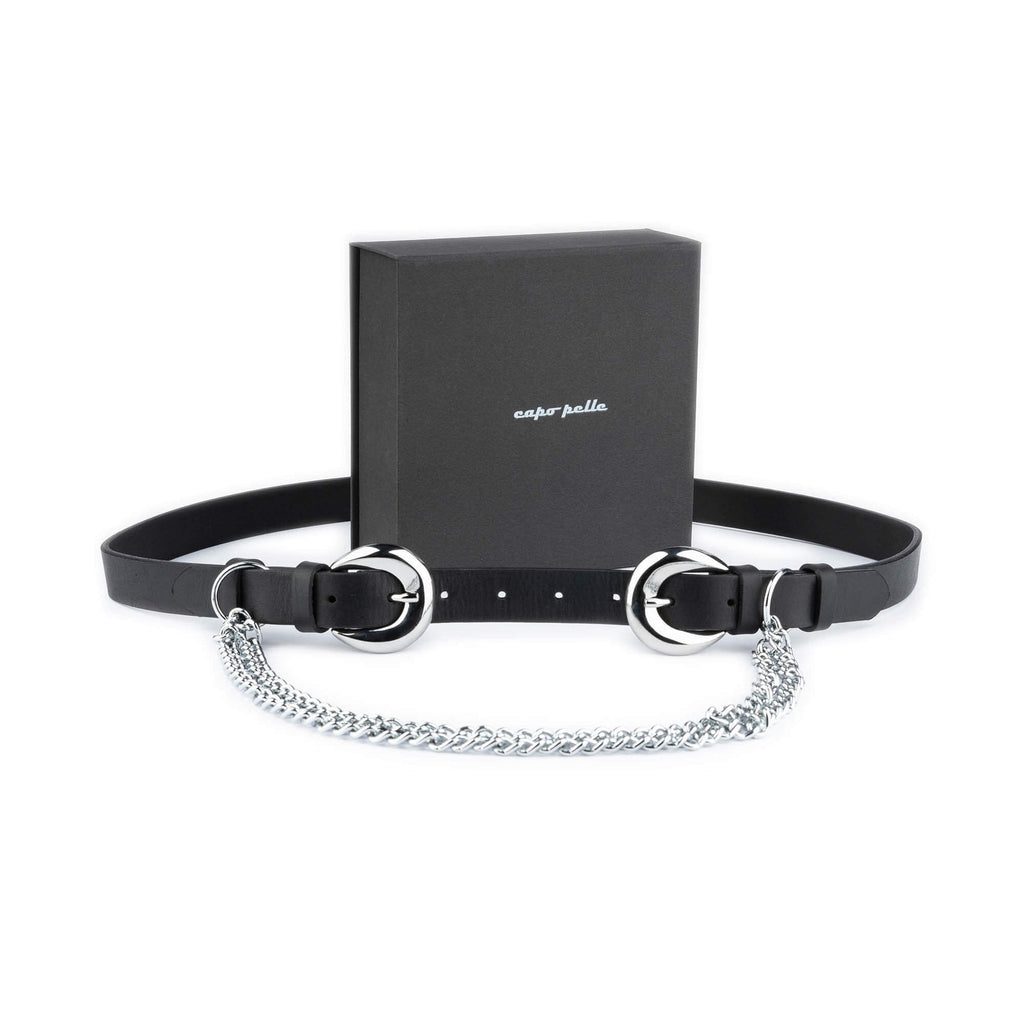 Womens Double Buckle Belt With Silver Chain