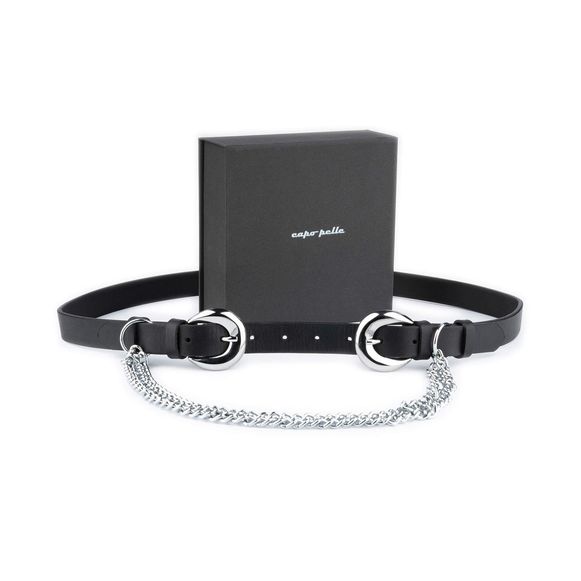 Womens Double Buckle Belt With Silver Chain