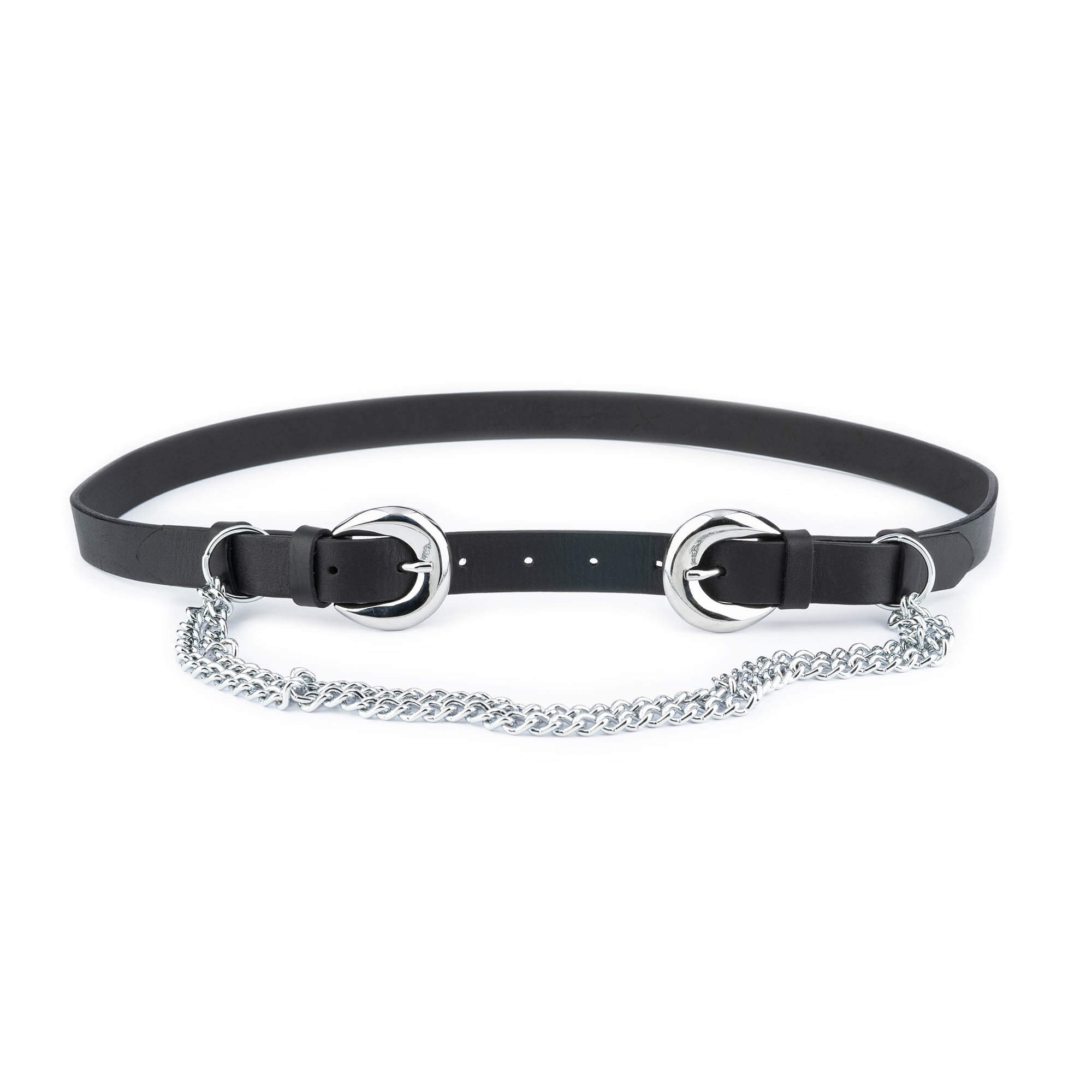 Womens Double Buckle Belt With Silver Chain