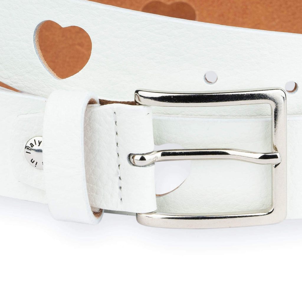 Womens Heart Holes Belt | White Leather