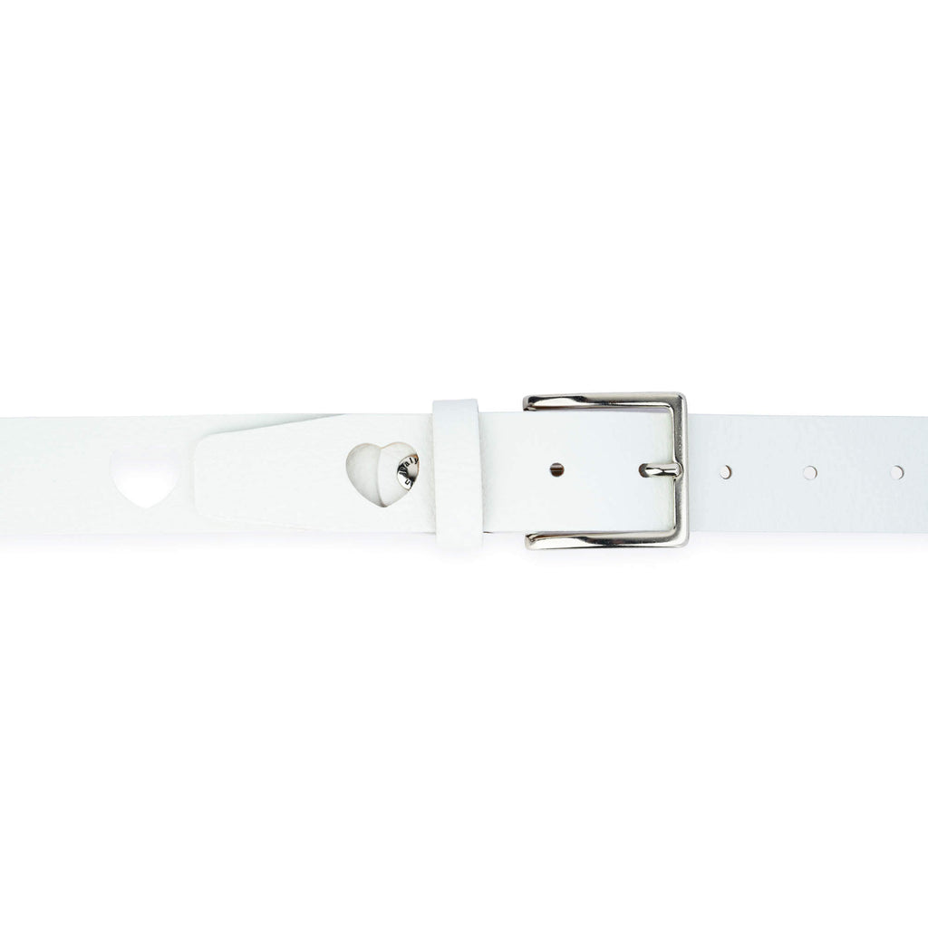 Womens Heart Holes Belt | White Leather