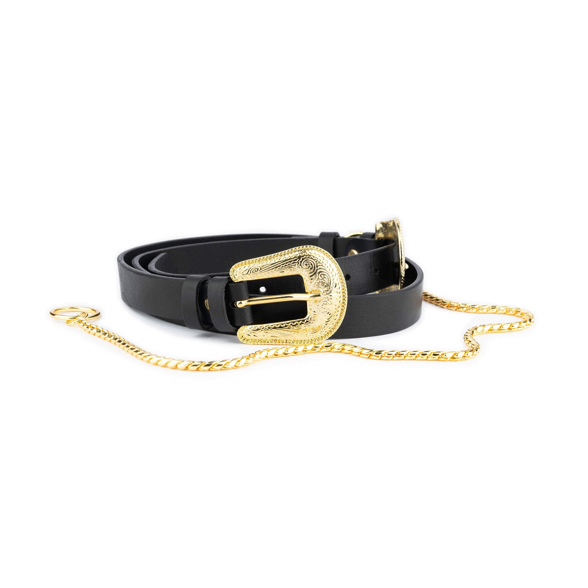 Womens Western Double Buckle Belt With Gold Chain