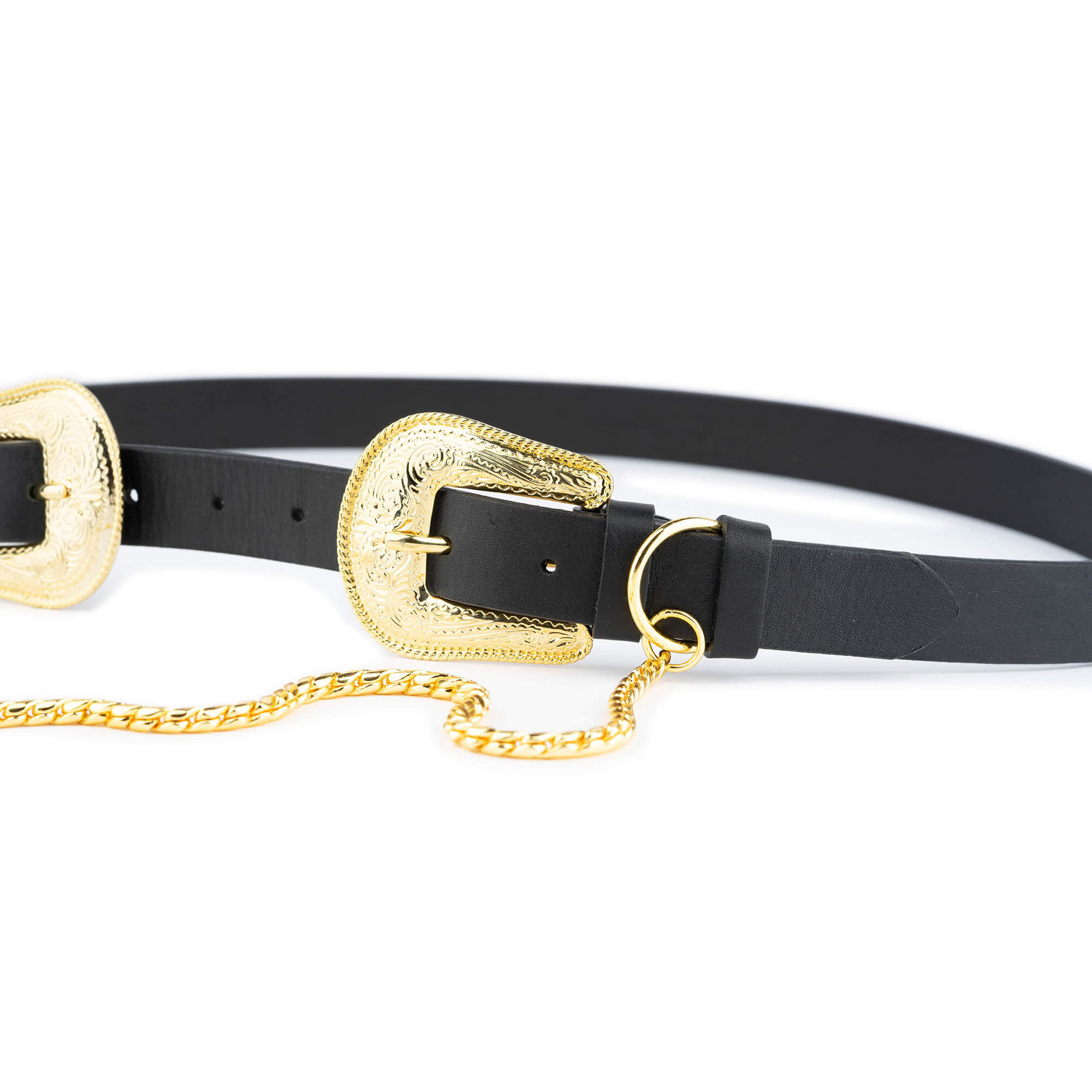 Womens Western Double Buckle Belt With Gold Chain