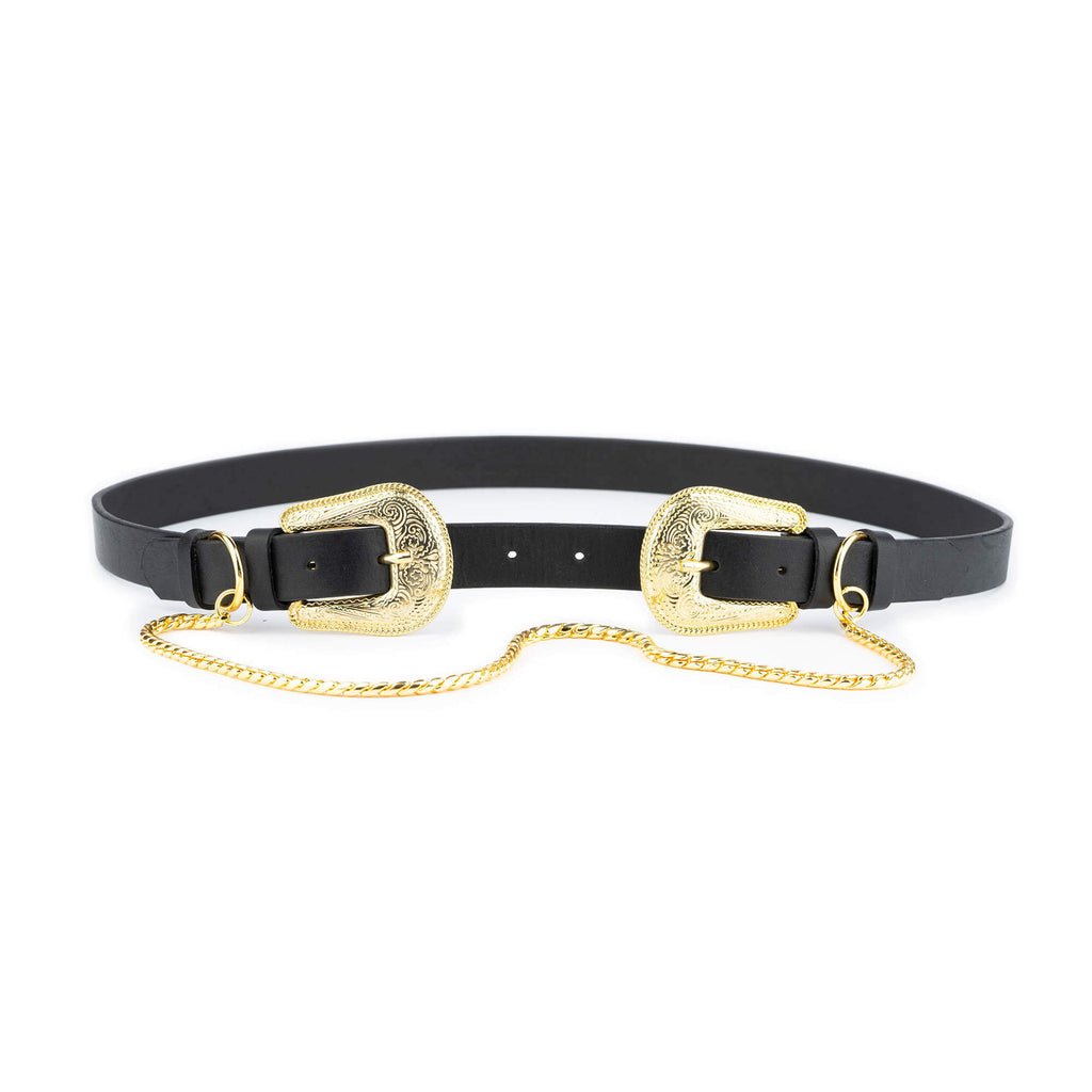 Womens Western Double Buckle Belt With Gold Chain