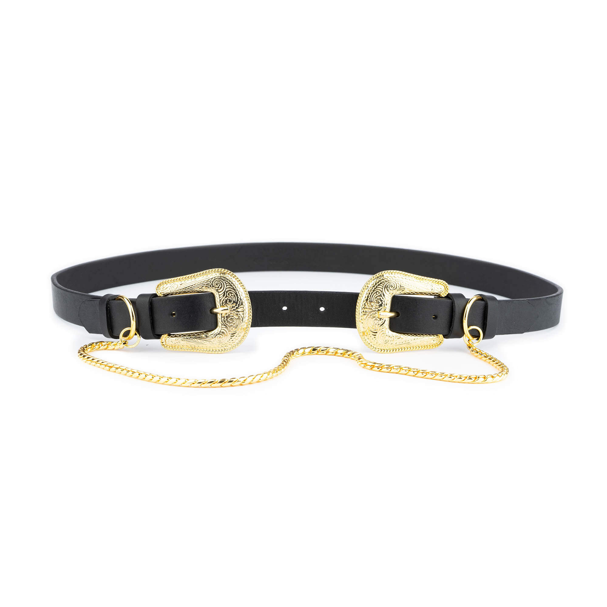 Womens Western Double Buckle Belt With Gold Chain