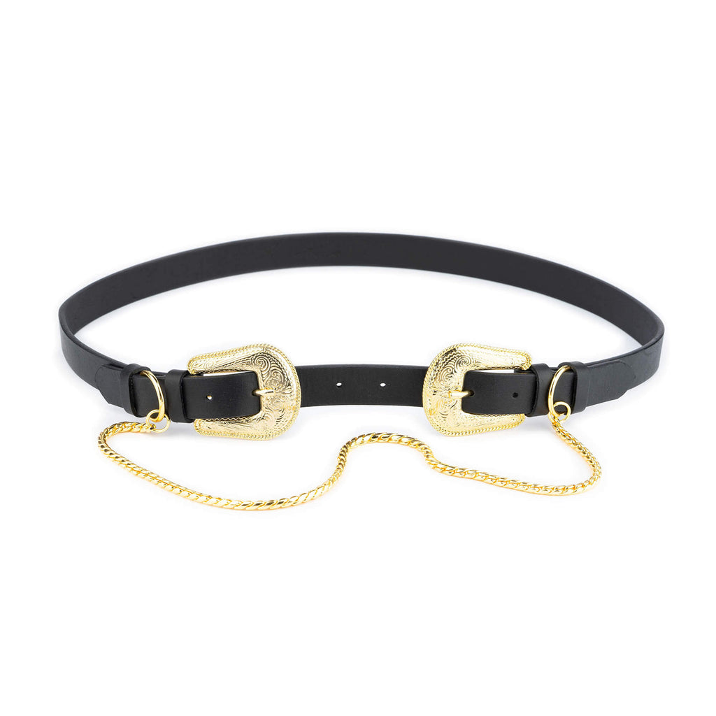 Womens Western Double Buckle Belt With Gold Chain