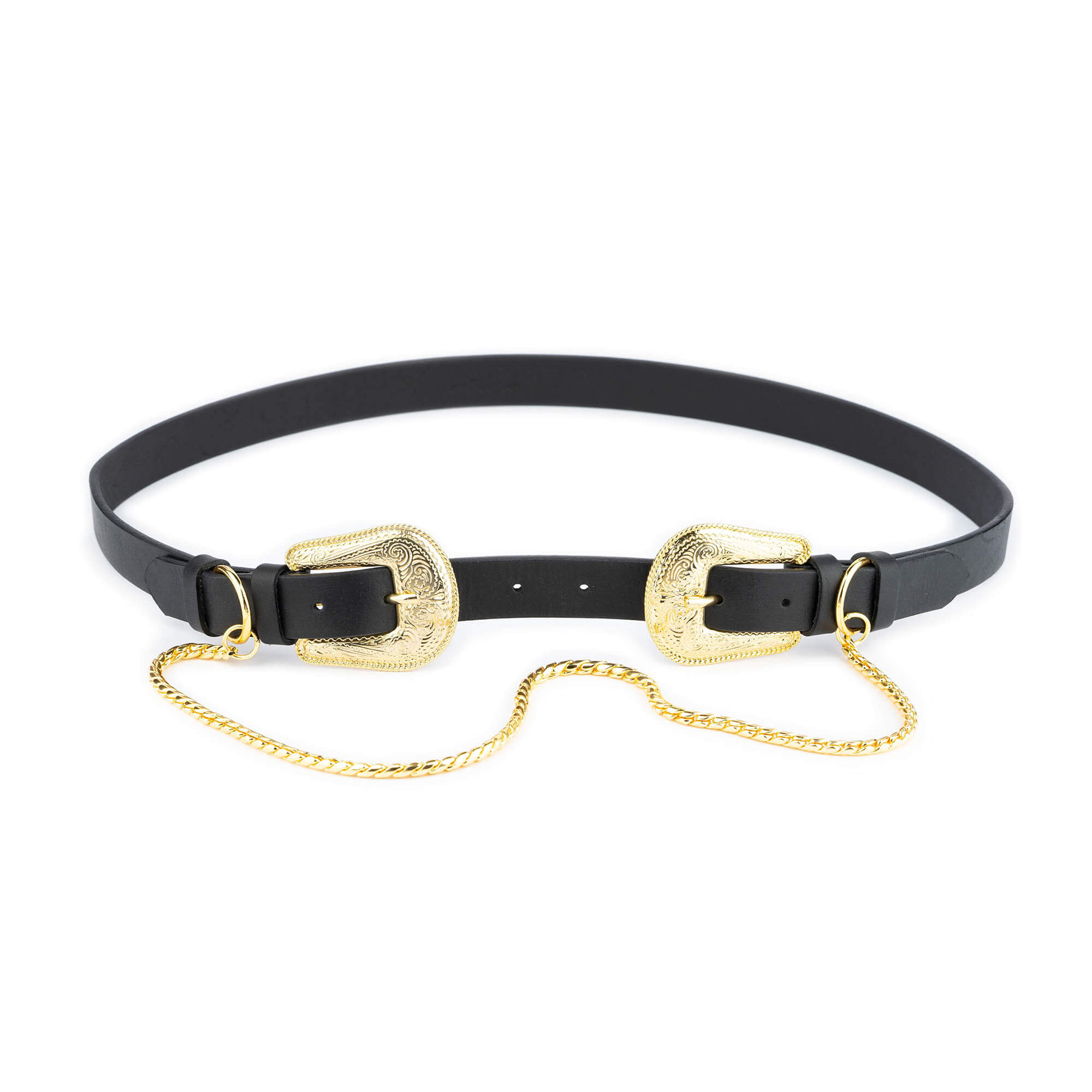 Womens Western Double Buckle Belt With Gold Chain