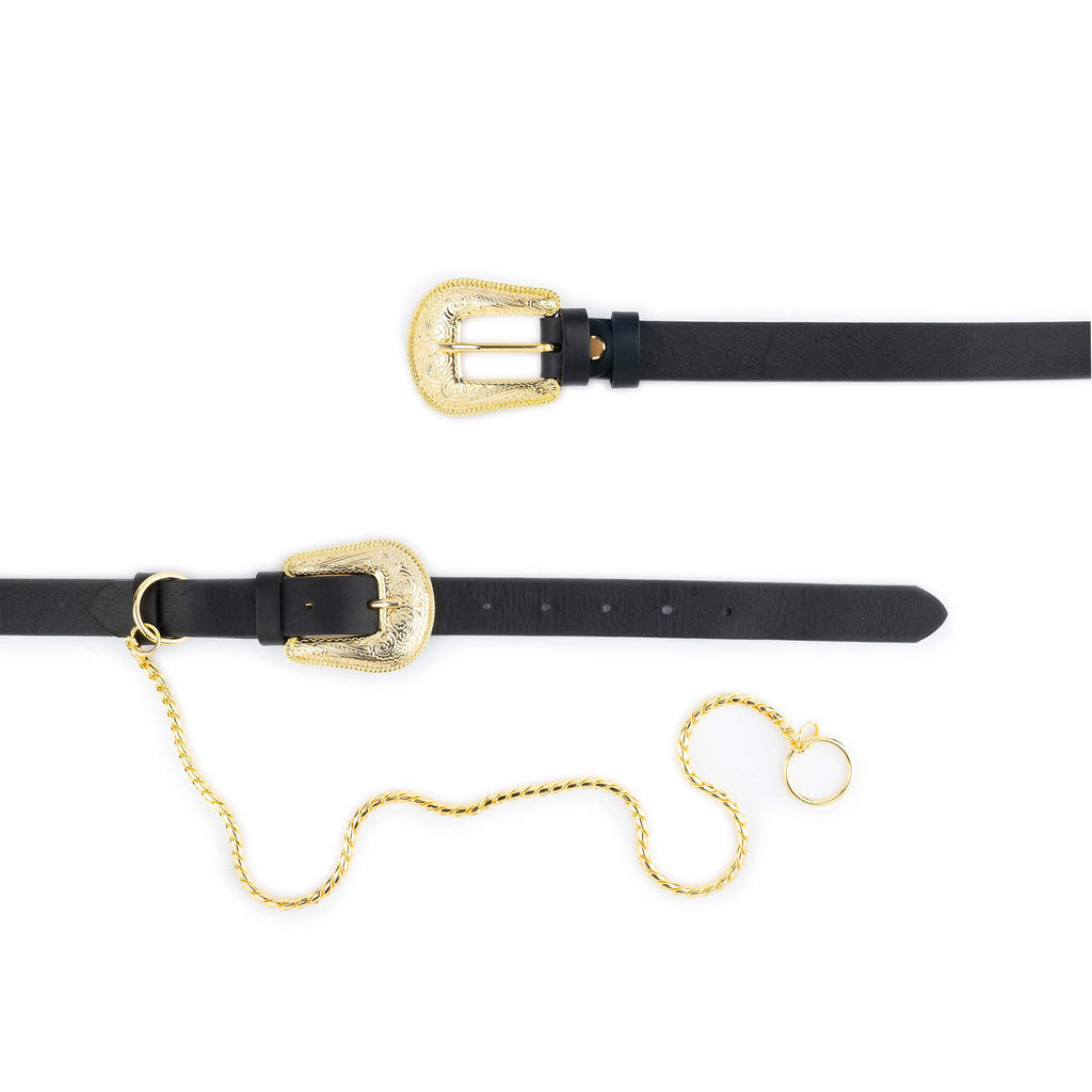 Womens Western Double Buckle Belt With Gold Chain