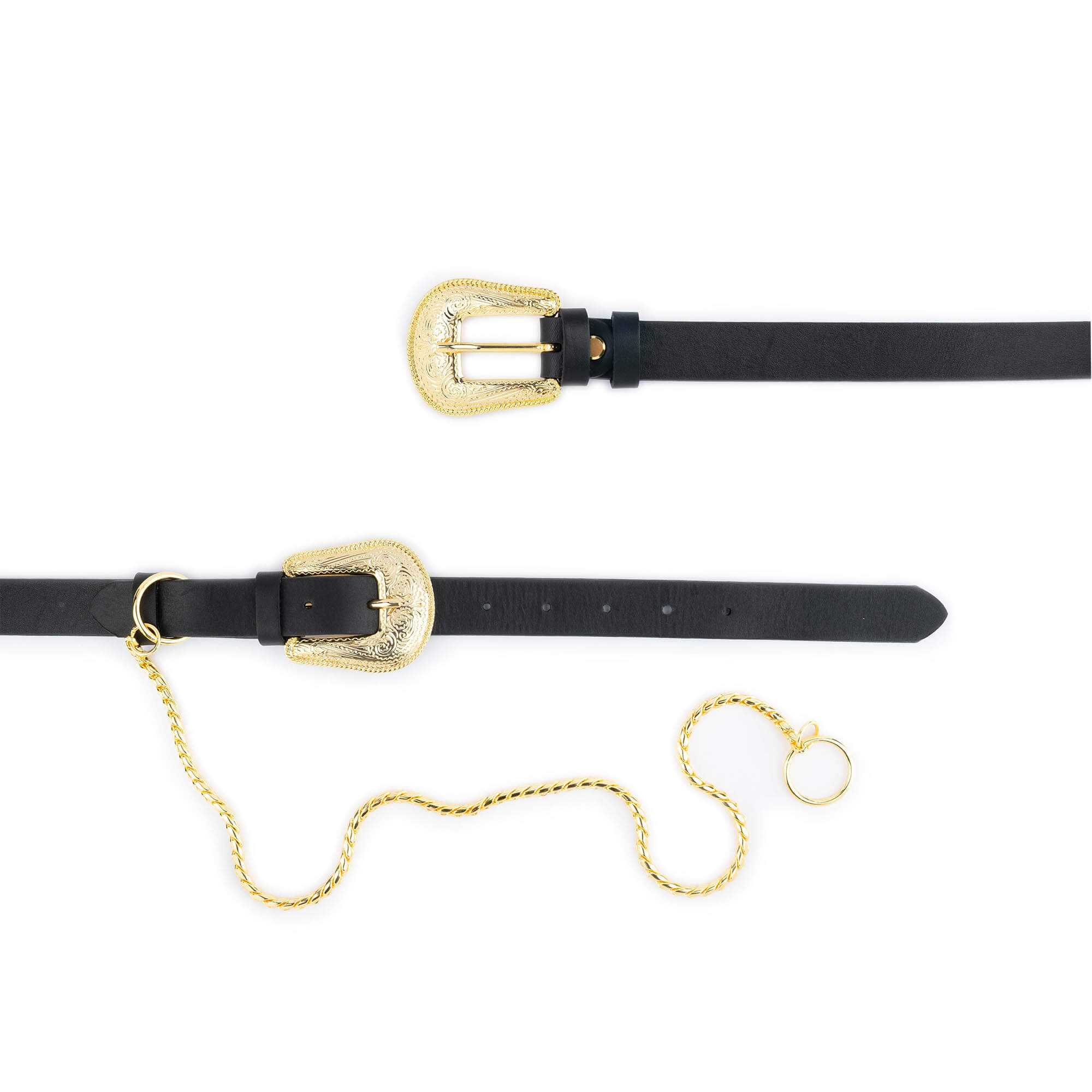 Womens Western Double Buckle Belt With Gold Chain