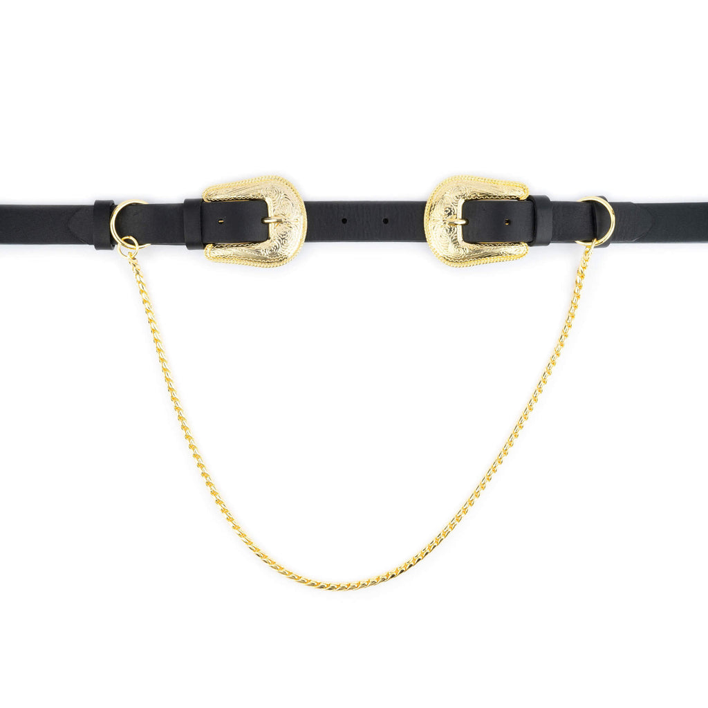 Womens Western Double Buckle Belt With Gold Chain