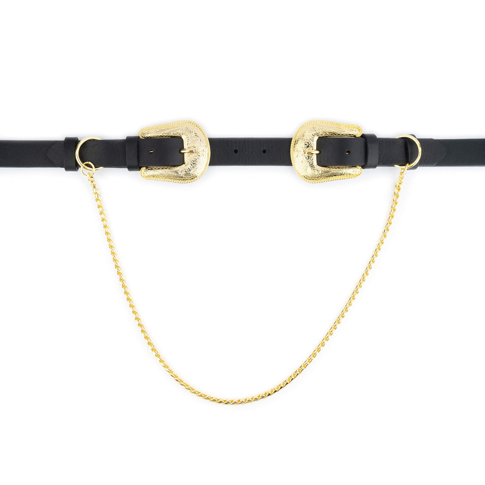 Womens Western Double Buckle Belt With Gold Chain